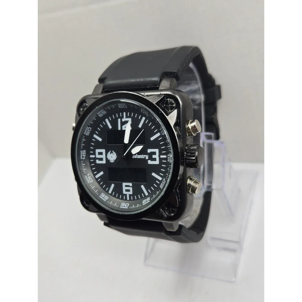 Infantry Night Stealth Ana Digi Square 46mm Mens Watch Black  Alarm New Battery